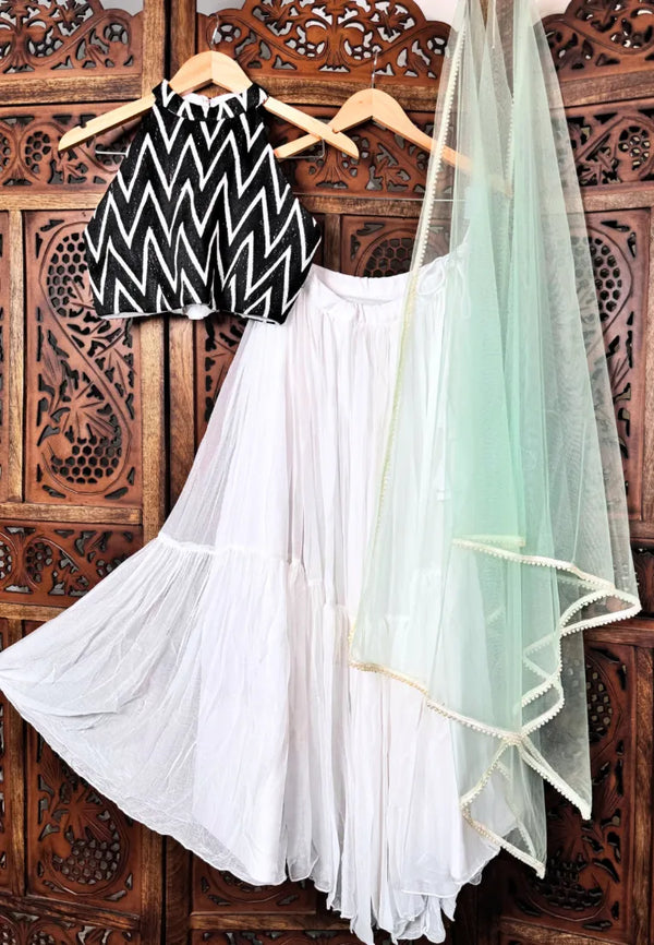 White-Black Chiffon Thread-Embroidery Double-Layer-Lehenga Skirt Blouse & Dupatta Set