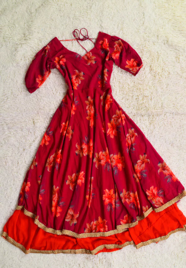 Dark-Orange Floral-Print Georgette Double-Layer Anarkali-Kurti Dress