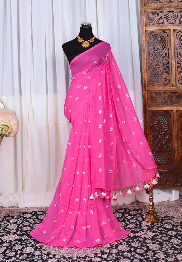 Baby-Pink Handspun Pure-Cotton Embroidered-Floral-Butti Bengal-Saree