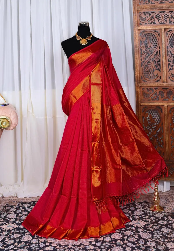 Blood-Red-Gold Handwoven-Pure-Cotton-Mercerised Checkered-Zari-Body Bengal-Saree