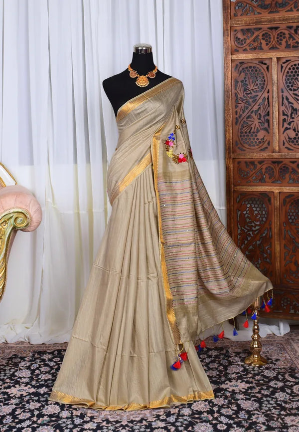 Champagne-Gold Kota-Silk Floral-Embroidery Woven-Border Bengal-Saree