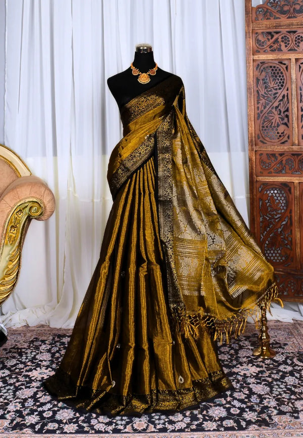 Copper-Black Handloom Mercerised-Cotton-Tissue Grand Bengal-Saree