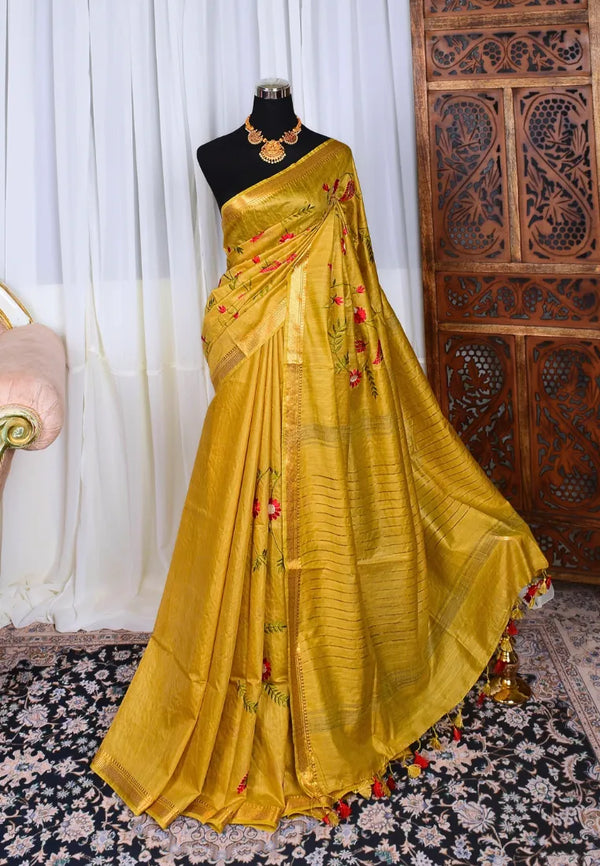 Gold-Red Kota-Silk Embroidered Floral Woven Border Bengal-Saree