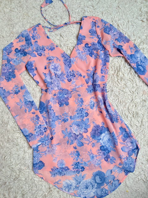 Pastel Peach Blue Premium Georgette Floral Printed V neck Flare Short Kurti