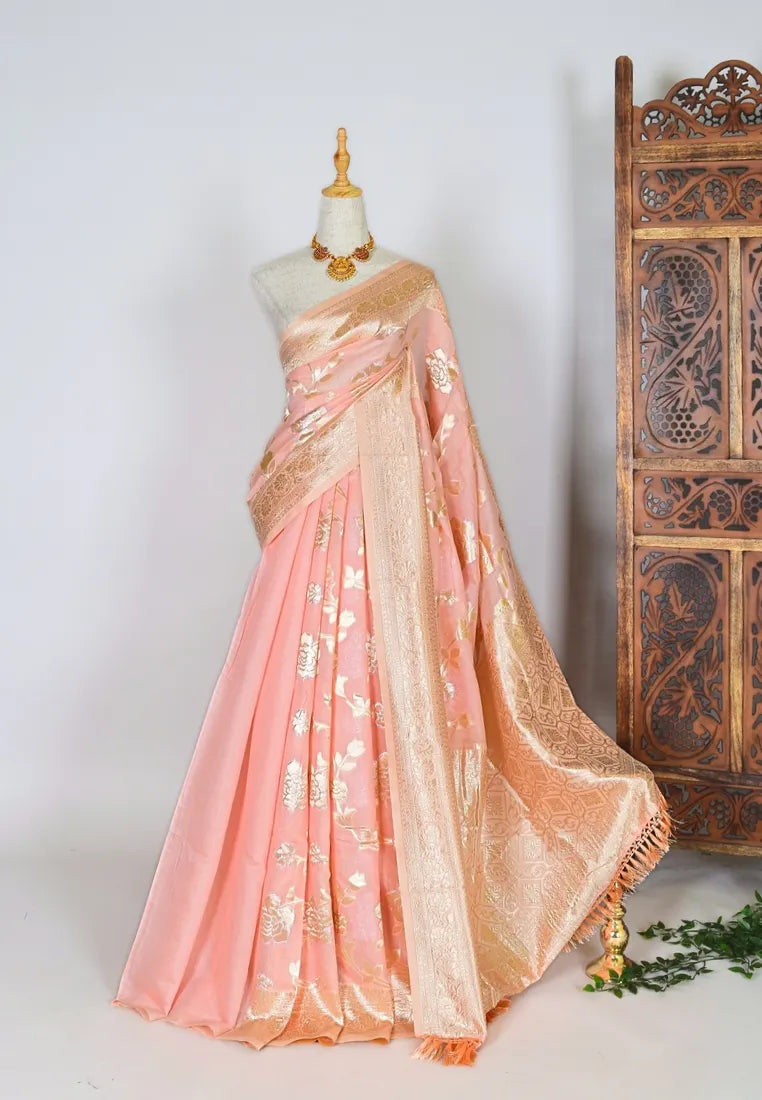 Pastel Peach Summer Chiffon Saree with Contemporary Floral Prints and Gold Zari Border