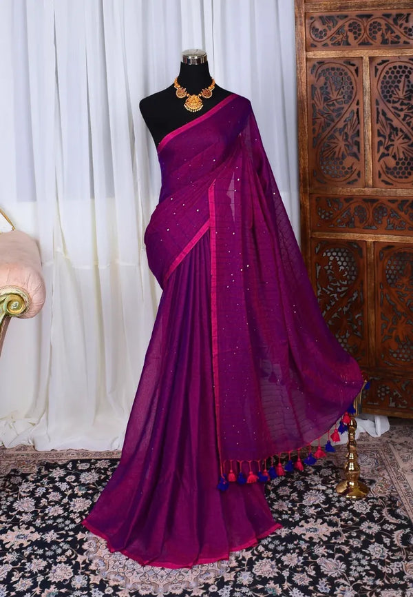 Purple-Wine Handspun Pure-Cotton Sequin-Stitched Bengal-Saree