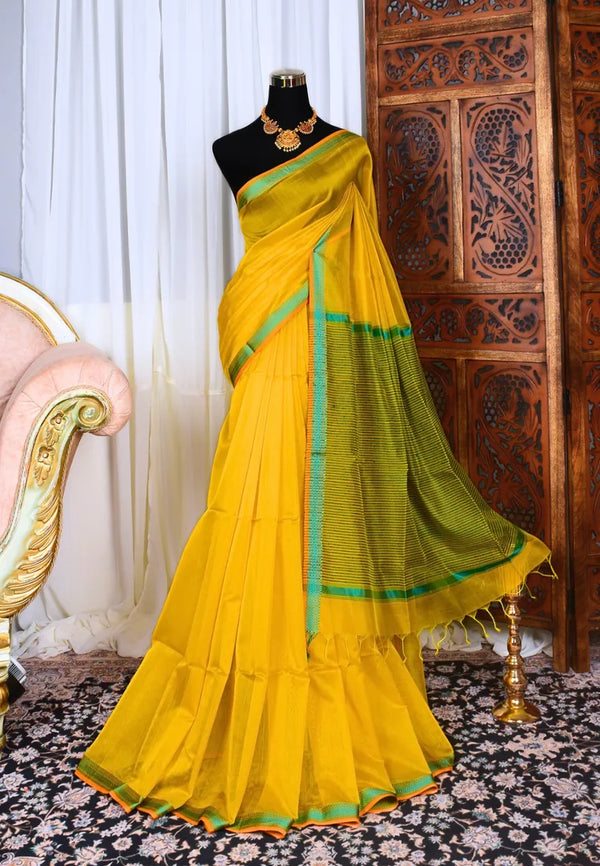 Yellow-Turquoise Pure-Silk-Cotton Thin-Border Maheswari saree