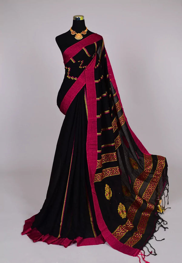 Black Pink Handloom Mercerised Pure Cotton Striped Thread Details Bengal Saree
