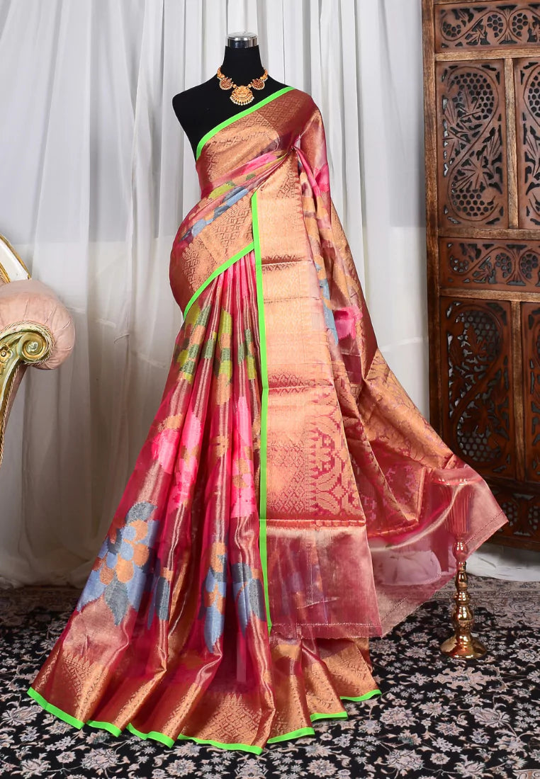 Pink Floral Jaal Meenakari Jacquard Silk Saree Scallop Zari Floral Creeper Design Meenakari Floral Design Pallu