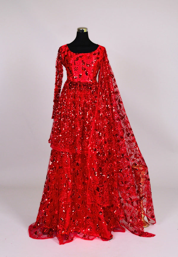 Chilli-Red Tulle-Net Sequin-Embroidered Peplum Kurti, Skirt & Dupatta Set