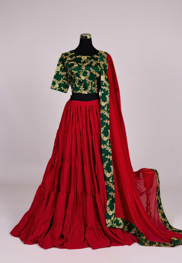 Red-Green Chinnon-Raw-Silk Embroidered Lehenga Skirt Blouse Dupatta Set