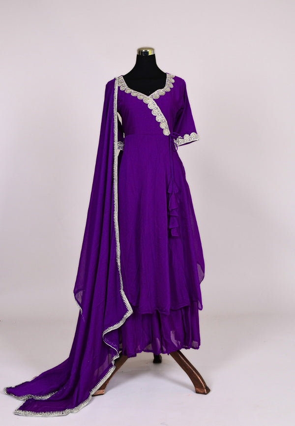Purple Chiffon Designer Neckline Kurti Top & Dupatta Set