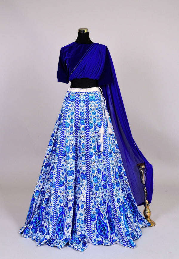 Blue-White Velvet-Semi-Silk Printed Lehenga Skirt Blouse And Dupatta Set