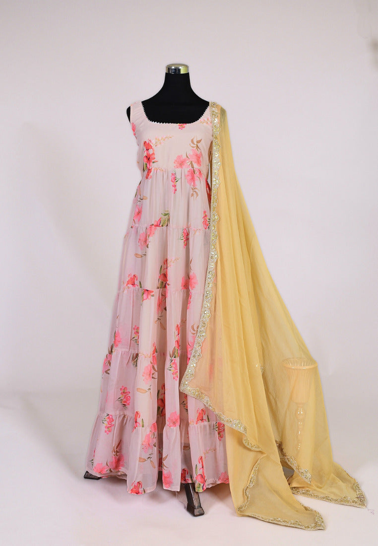 Pastel-Peach Chiffon-Print Anarkali Kurti with Dupatta Set  Yeshan Sarees