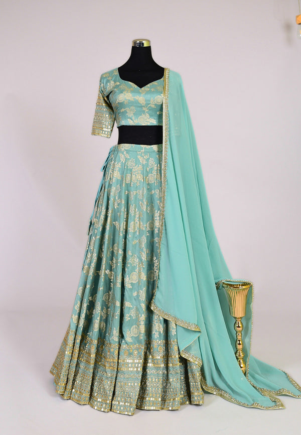 Turquoise Silk Brocade-Embroidery Lehenga Skirt Blouse & Dupatta Set