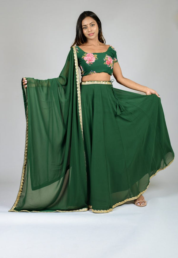 Emerald-Green Floral Georgette lehenga Skirt Blouse & Dupatta set