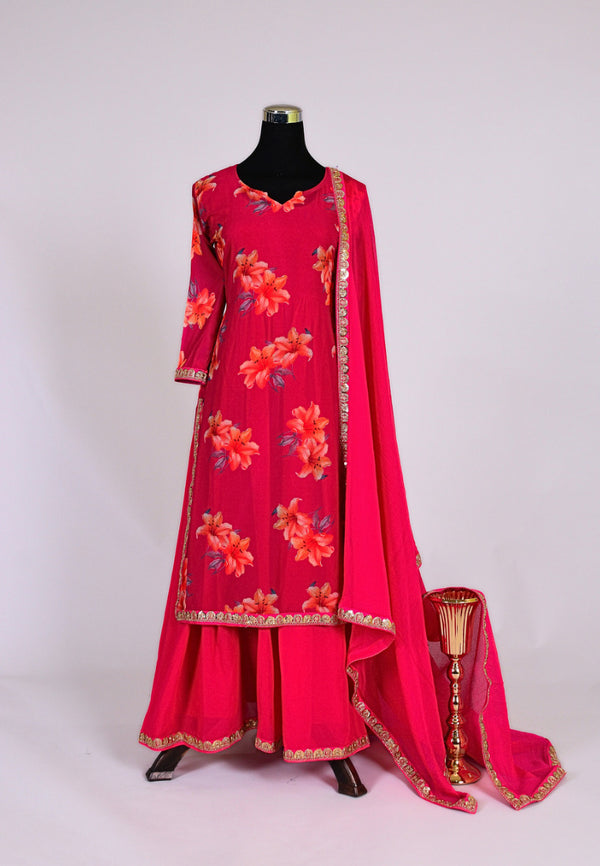 Red-Pink Georgette Digital-Print Kurti & Sharara with Dupatta Set