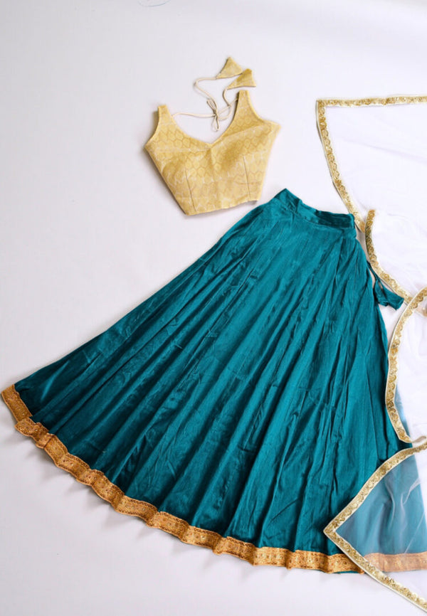 Sea-Green-Cream Raw-Silk-Brocade Lehenga Skirt Blouse & Dupatta Set