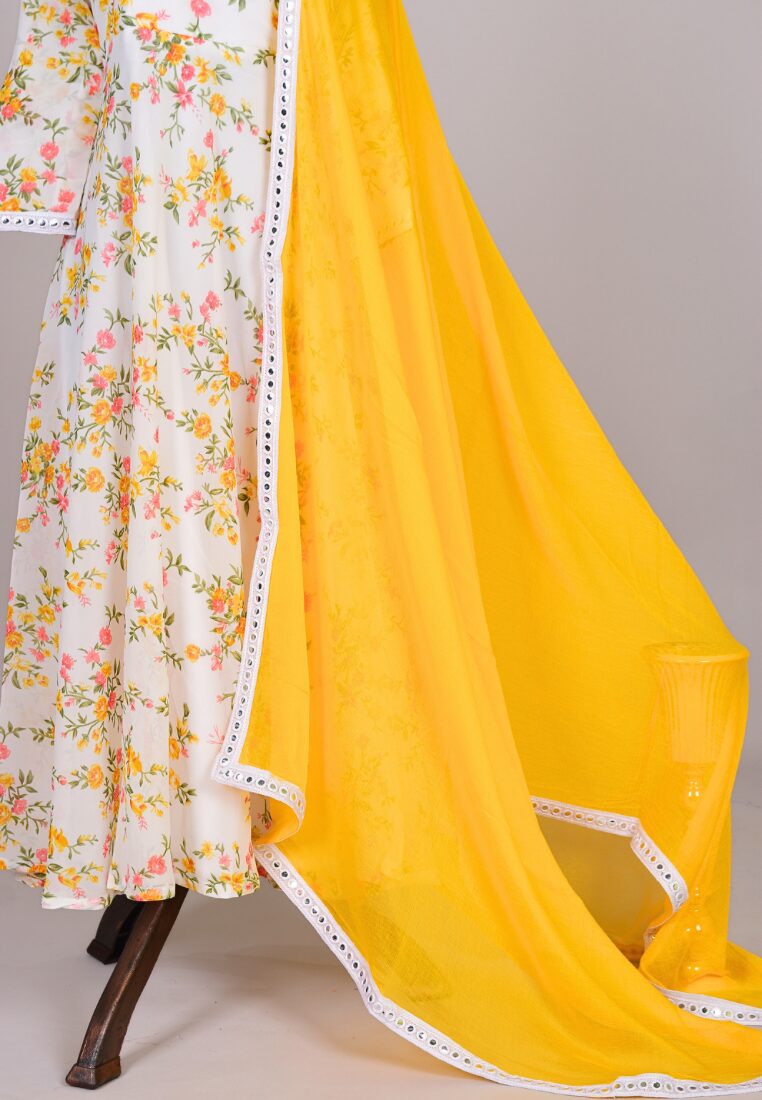 White and Yellow Floral Printed Anarkali Kurti Set