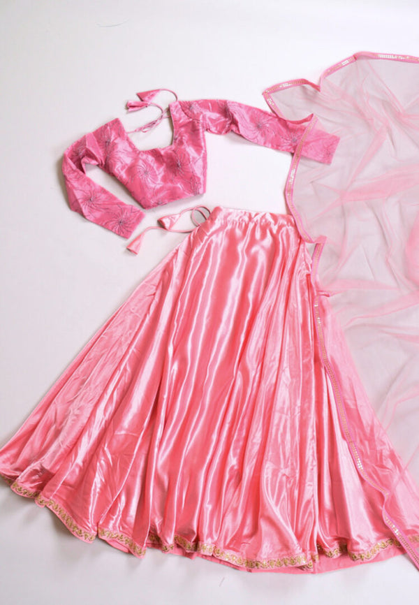 Brink-Pink-Mauve Satin-Silk Lehenga Skirt Blouse & Dupatta Set