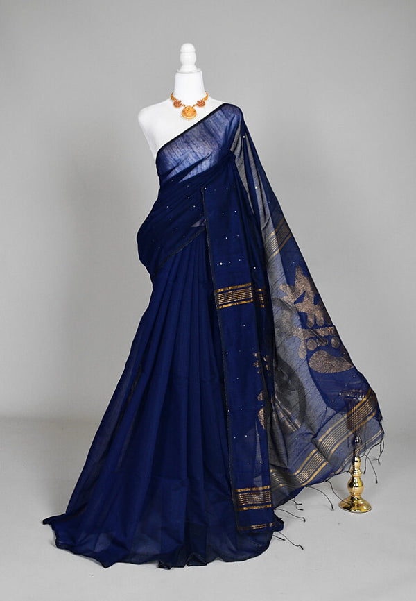 Navy-Blue Handloom Silk-Cotton Bengal Saree