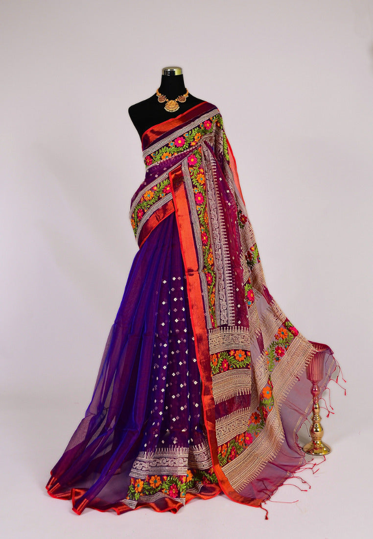 Multi Colour Bengal Handwoven Muslin Saree with Zari Checks main image 1