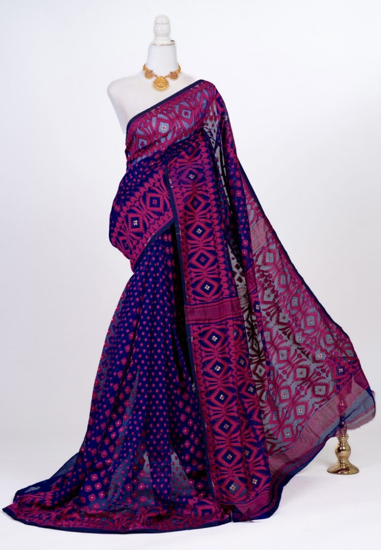 Purple - Rangoli Bengal Jamdani Buti Blouse Piece with Ikat Border