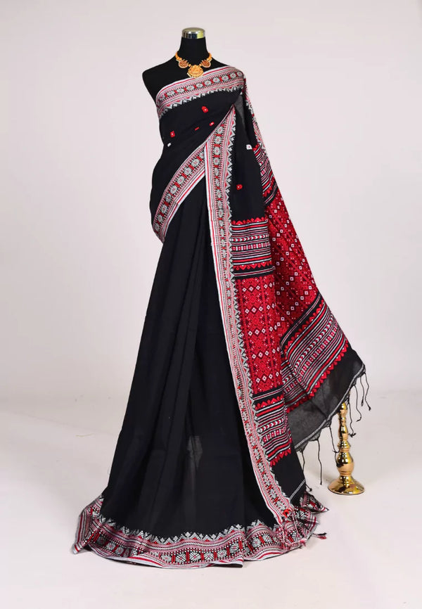 Black Red Handloom Mercerised Pure Cotton Grand Thread Woven Pallu Bengal Saree