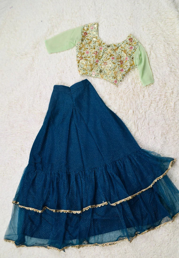 Sea-Green-Mint Foil-Sequin-Embroidery Net Mermaid-Cut Pleated-Lehenga-Skirt & Blouse set