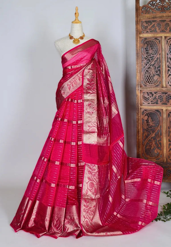 Dark-Pink Silver Kora Organza Zari Woven Banarasi Saree