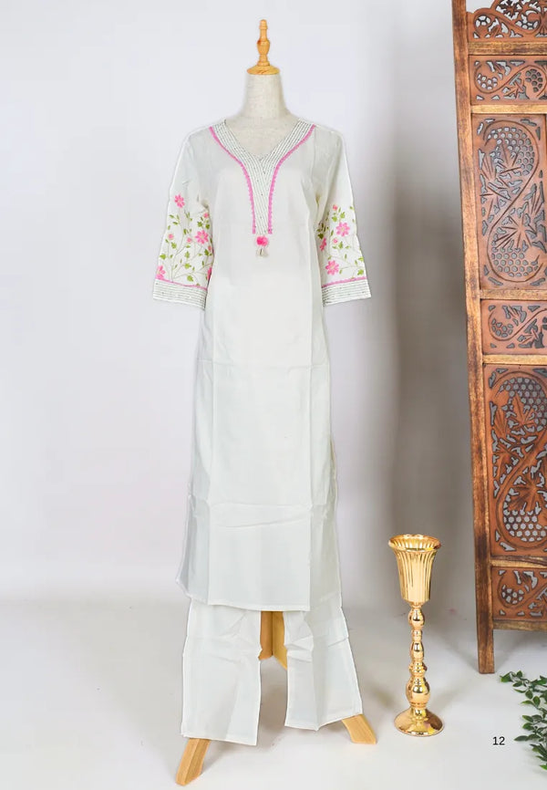 Off-White Embroidery Cotton-Blend Kurti-Top & Pants Set