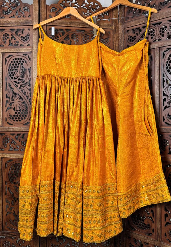 Yellowish-Orange Silk-Brocade Embroidered Pleated-Anarkali-Kurti Dress & Sharara Set