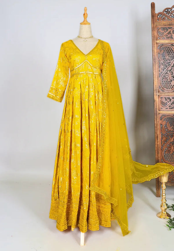 Yellow Zari-Woven-Embroidery Art-Silk Box-Pleated Anarkali-Kurti & Dupatta Set