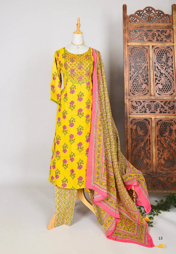 Yellow-Peach Block-Print Kurti-Top, Pants & Dupatta Set