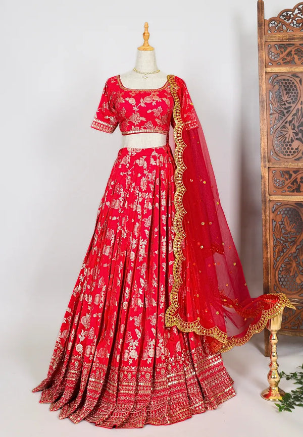 Red Brocade-Embroidered Art-Silk Pleated-Lehenga-Skirt, Blouse & Dupatta Set