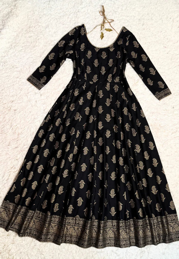 Black-Gold Foil-Print Pure-Cotton Flare-Anarkali-Kurti