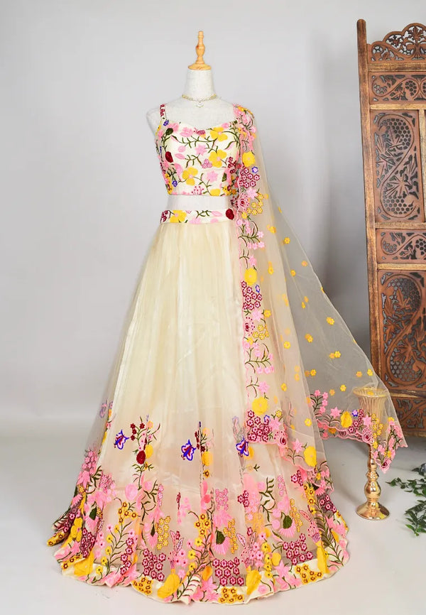 Cream Multi-Embroidered Net Kalidaar-Lehenga, Blouse & Dupatta Set