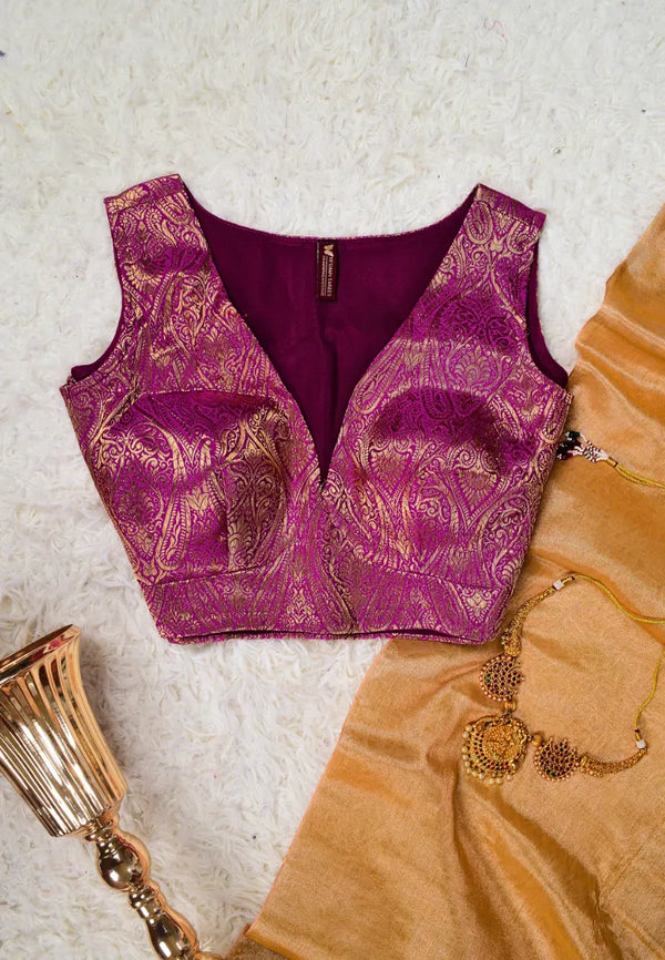 Purple-Wine Banarasi-Brocade Silk-Blend Designer-Neckline Blouse