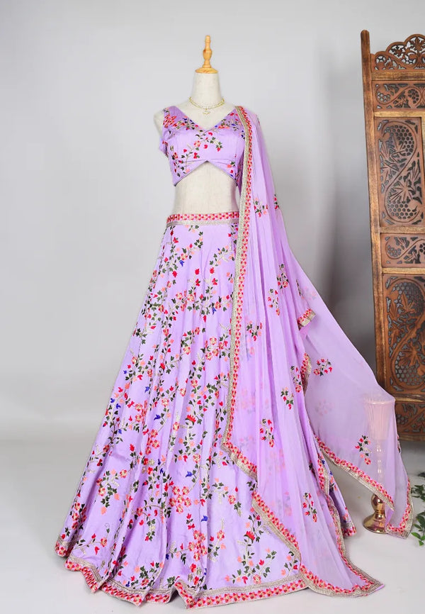 Lavender Thread-Embroidered Raw-Silk Kalidaar-Lehenga, Blouse & Dupatta Set