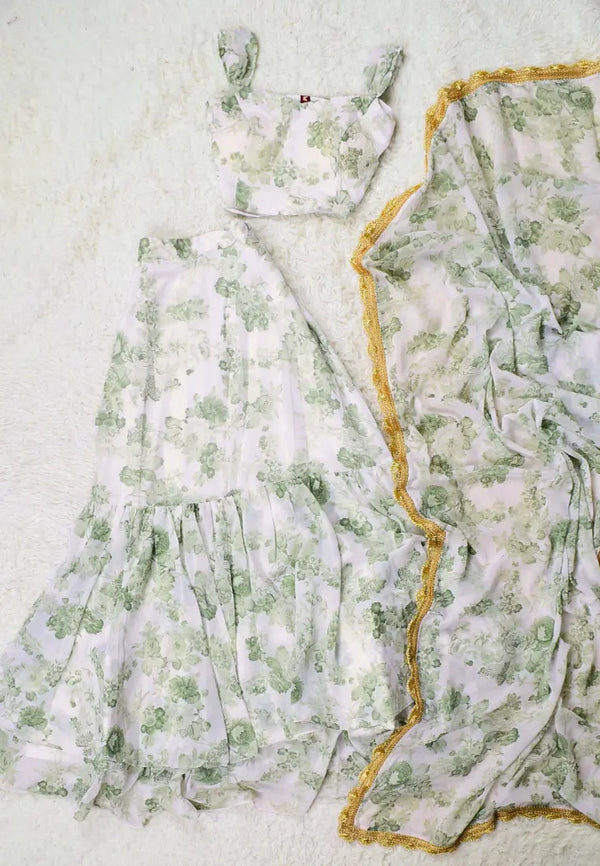 White Floral-Print Georgette Double-Layer Lehenga-Skirt, Blouse & Dupatta set