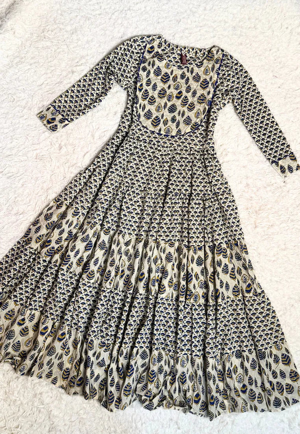 White-Navy Block-Print Pure-Cotton Flare-Anarkali-Kurt