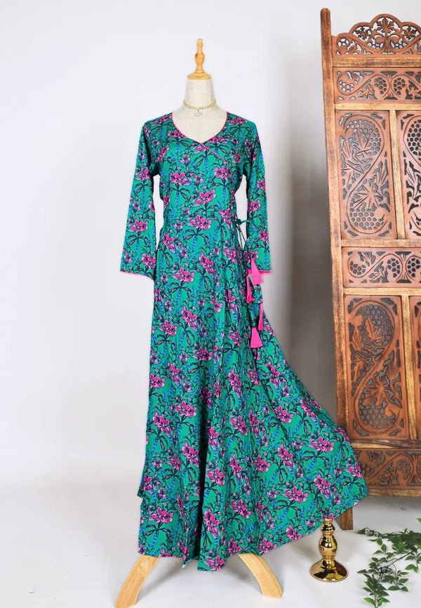 Teal-Blue-Pink Block-Print Anarkali-Dress