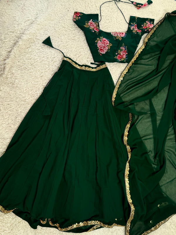 Emerald-Green Floral Georgette lehenga Skirt Blouse & Dupatta set
