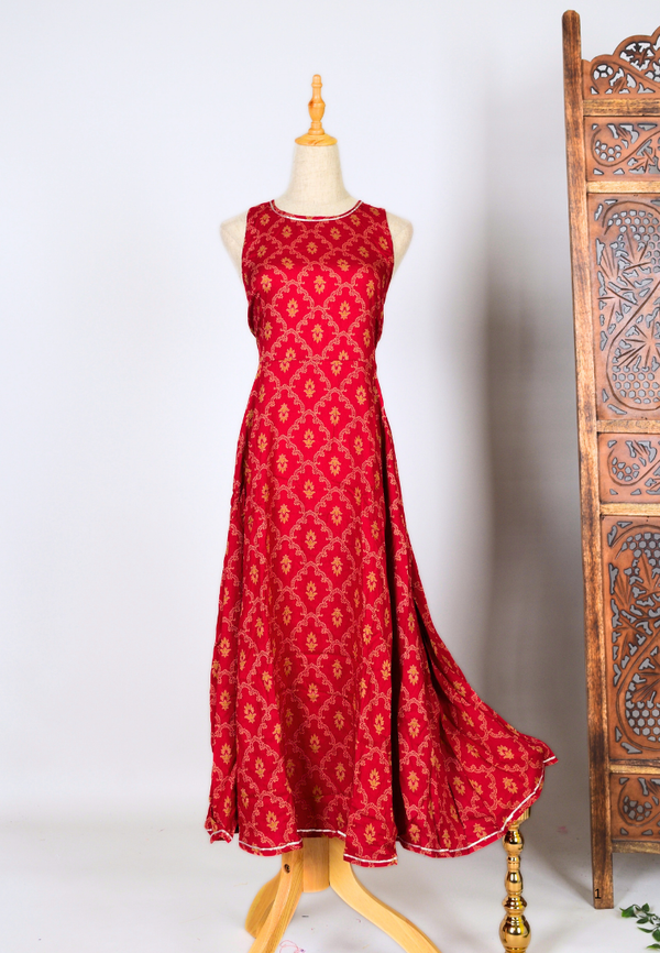 Red Digital-Print Cotton-Blend Sleeveless Dress-Style Kurti-Top