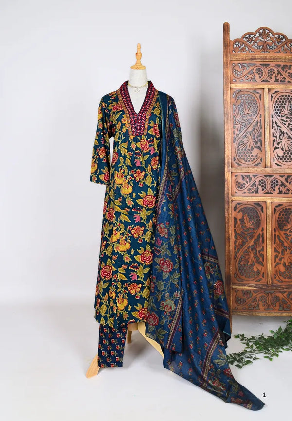 Navy-Blue-Green Screen-Print Stright-Cut Kurti-Top Pants & Dupatta set