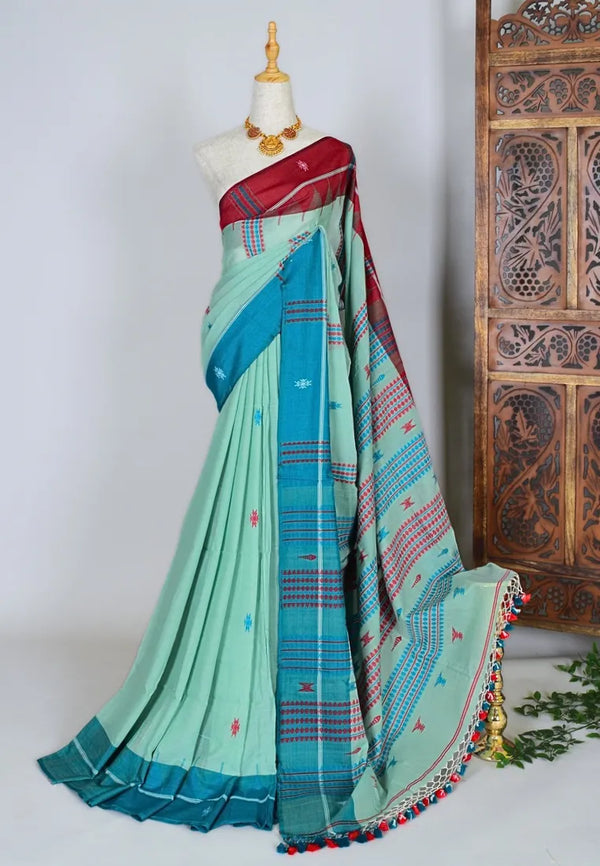 Mint Sky-Blue Handloom Pure Mercerised Cotton Thread Woven Ghicha Pallu Bengal Saree