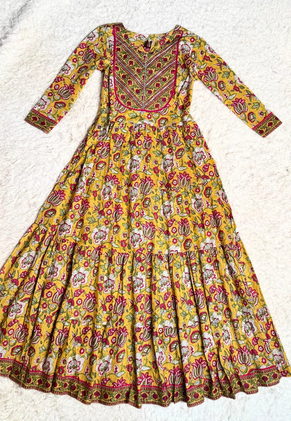 Pastel-Yellow-Pink Block-Print Pure-Cotton Flare-Anarkali-Kurt