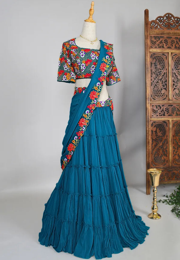 Teal-Blue Multi-Embroidered Georgette Multi-Layer-Pleated-Lehenga, Blouse & Dupatta Set