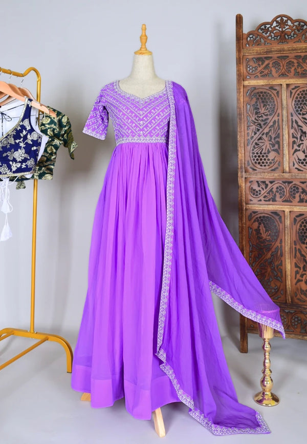 Lavender Georgette Yoke-Embroidery Pleated-Anarkali Kurti & Dupatta Set