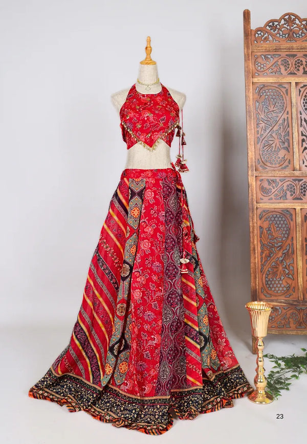 Orange-Red-Black Digital-Print Kalidaar-Lehenga & Blouse Set